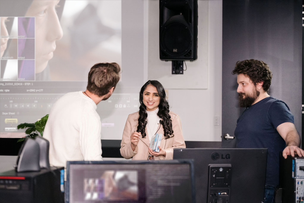 Annemarie working with two participants in a studio session